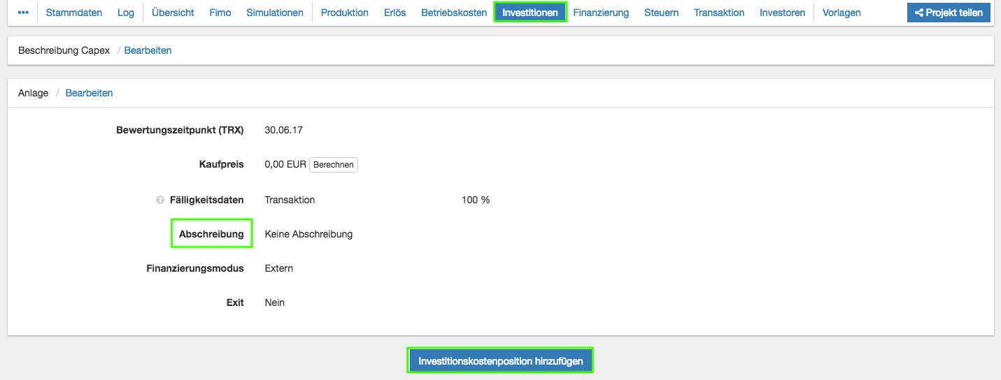 Investitionskostenposition